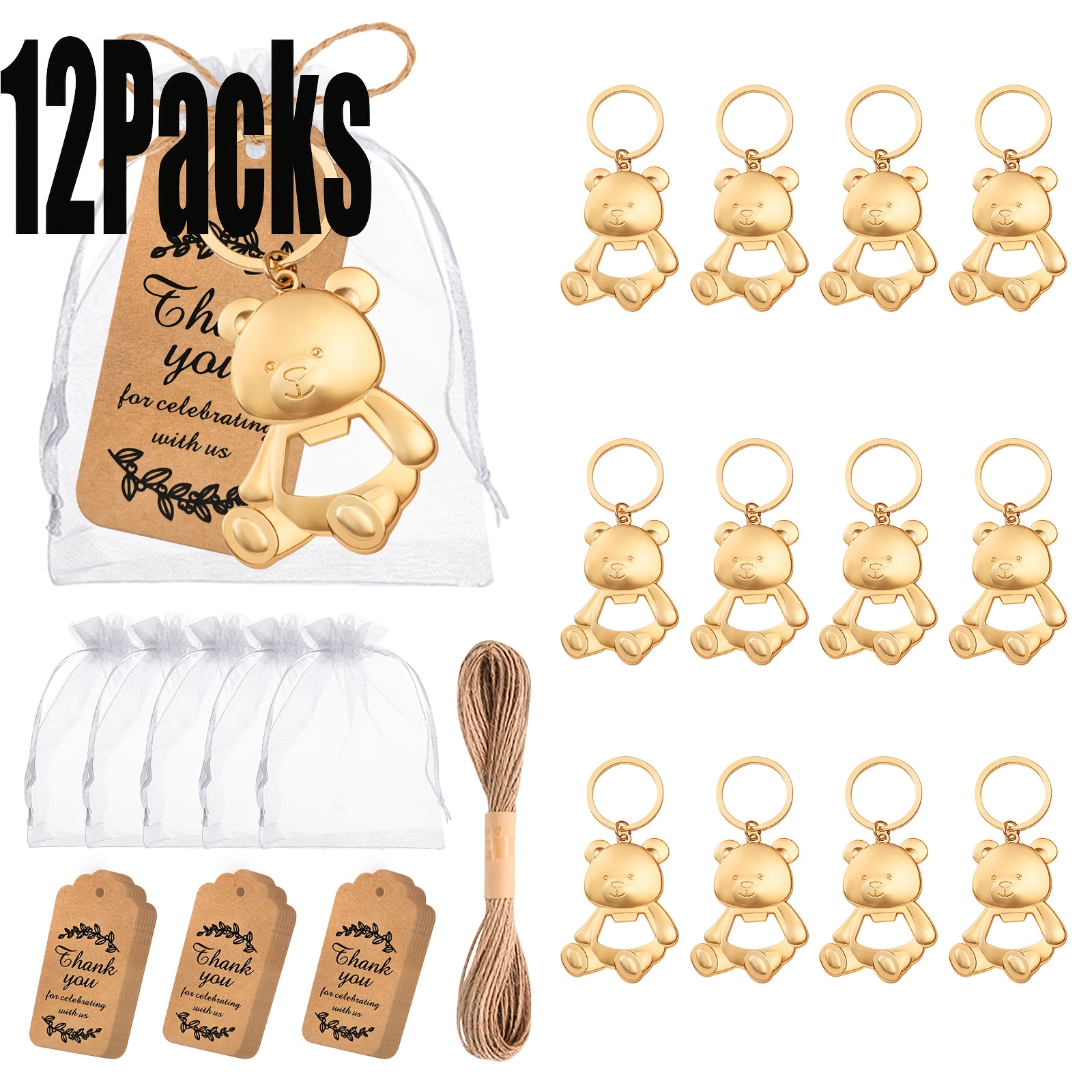 TEMU Gift For Her/him 48pcs/12 Sets Creative Golden Glossy Bear Keychain Bottle Opener (with Jute Rope, Card, Sandbag), Bottle Opener, Suitable For