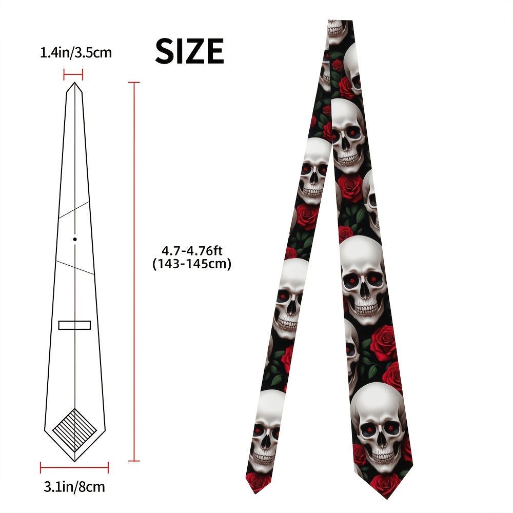 TEMU 1pc Gothic Skulls & Roses Tie - Black With White & , Polyester, Unisex Chic For Weddings, Charity , Father's Day Gift, Gothic Accessories