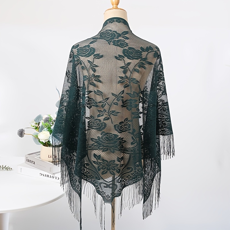 TEMU 1pc Women' Color Lace Rose Floral Tassel Scarf, Fashionable Elegant New Breathable Shawl Scarf
