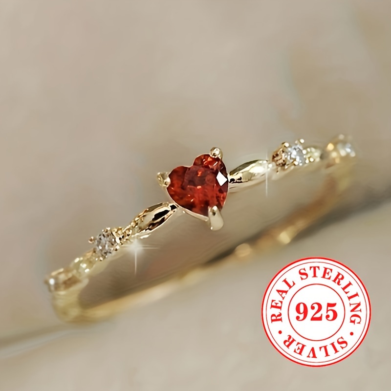 

Elegant 925 Sterling Silver Ring With Red Synthetic Zirconia, Heart-shaped Engagement Wedding Jewelry, 3- Setting, Birthstone, Glitter Style, Valentine's Day Gift, All-, 1.5g