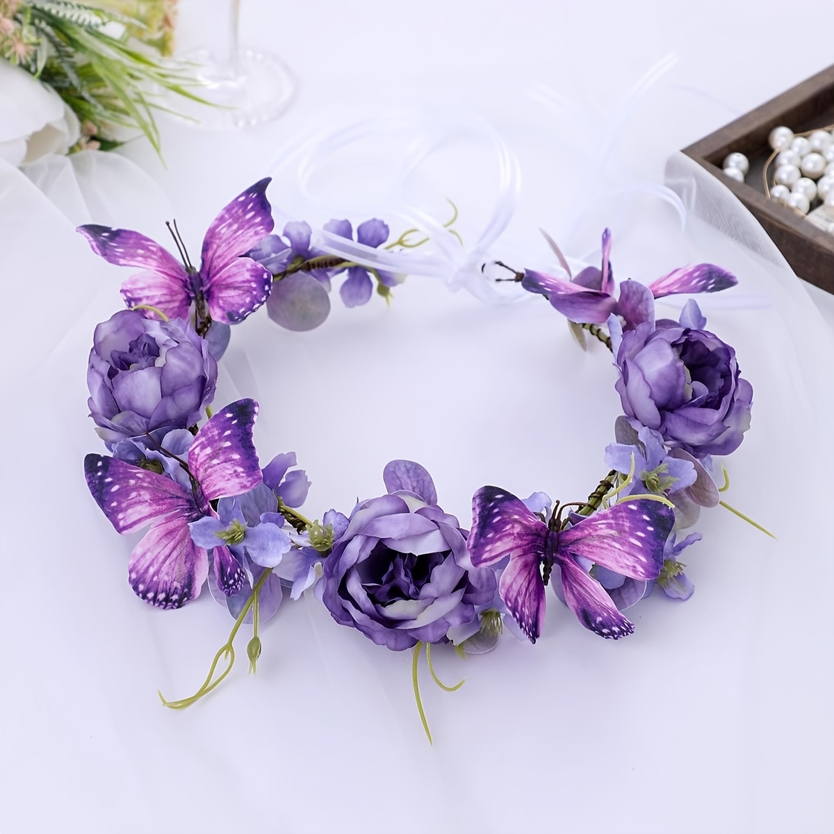TEMU 1pc Purple Flower Forest-style Wreath, Bohemian Adjustable Ribbon Headpiece, Elf-style Bridal Wedding Hair Accessory