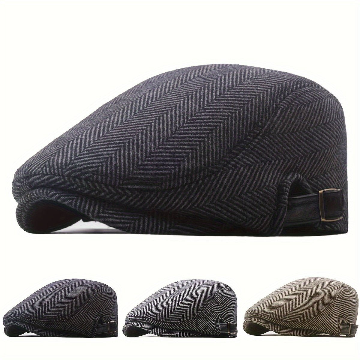 

1 Men's Adjustable Tweed Newsboy Cap - Warm, Casual Striped Beret Hat In Black, Dark Gray, And Brown With Leather Strap - Fall & And Beach Parties