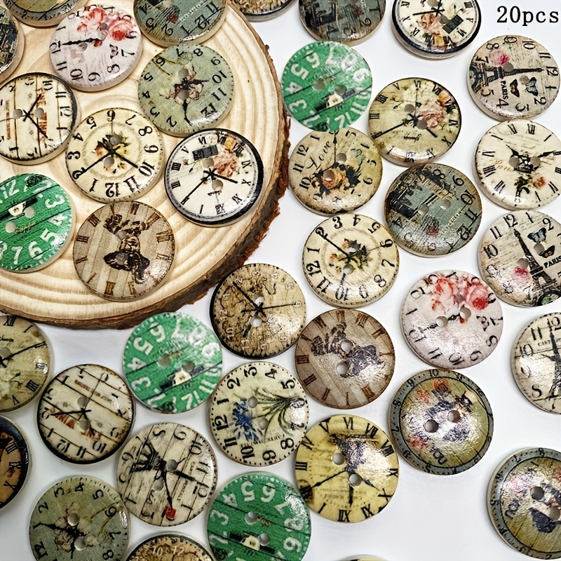Image of 50pcs/20pcs 20mm Wooden Clock Buttons, 0.79inch Retro Double Hole Circular Buttons For Crafting And Sewing - White Vintage Button Set