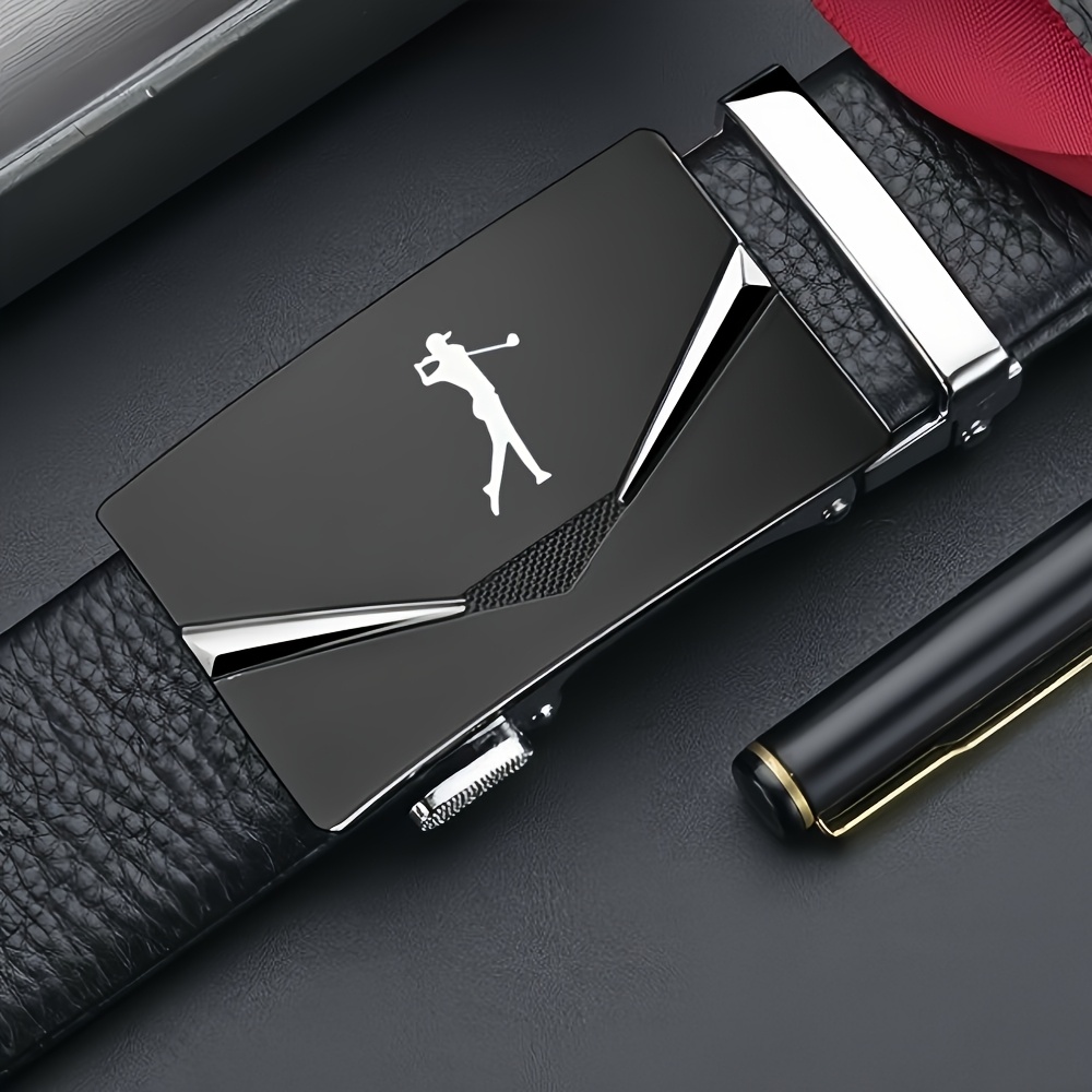 TEMU Men's Golf-themed Belt With Automatic Alloy Buckle - Black Pvc, Multi-functional Design For Casual And Business Attire, Jeans And Dress Pants,