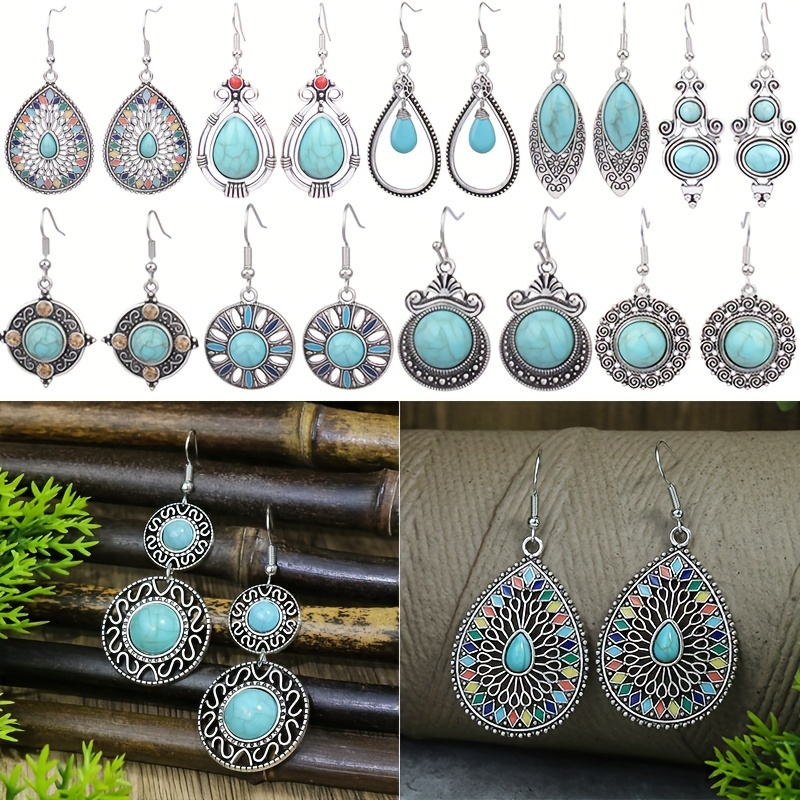 

10 Pairs Vintage Bohemian Blue Stone Drop Earrings Inlaid With Turquoise Pendant For Women Mix Designs Wholesale Turquoise Silvery Ear Jewelry Accessories