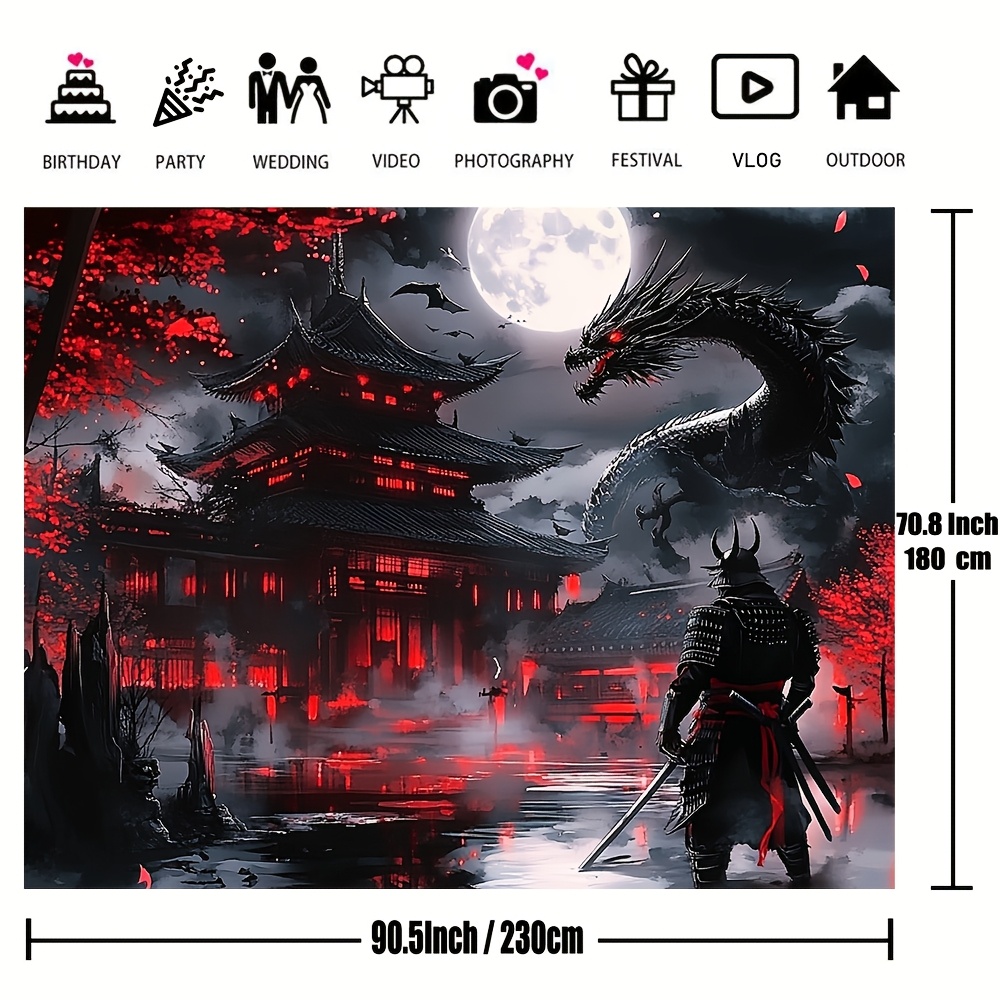 TEMU 1pc, Tapisserie Murale Japonaise de Style et Dragon, Tissu Polyester, Paysage de Médiéval avec Nuit et Noire, Décoration Murale