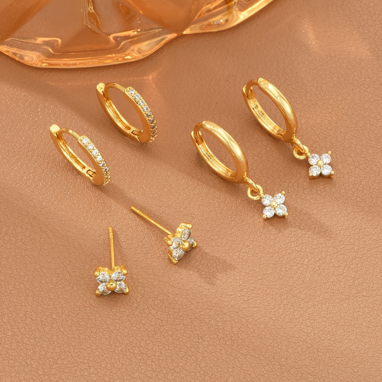 6pcs Elegant Copper Cubic Synthetic Zirconia Flower Drop Hoop Earrings Set, Suitable For Women Dates, Weddings, Parties, Gifts For Mom, Wife, Friend