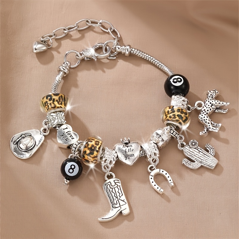 TEMU Beaded Bracelet With Leopard Print, Heart, And Boot Pendant, Stylish Black Jewelry