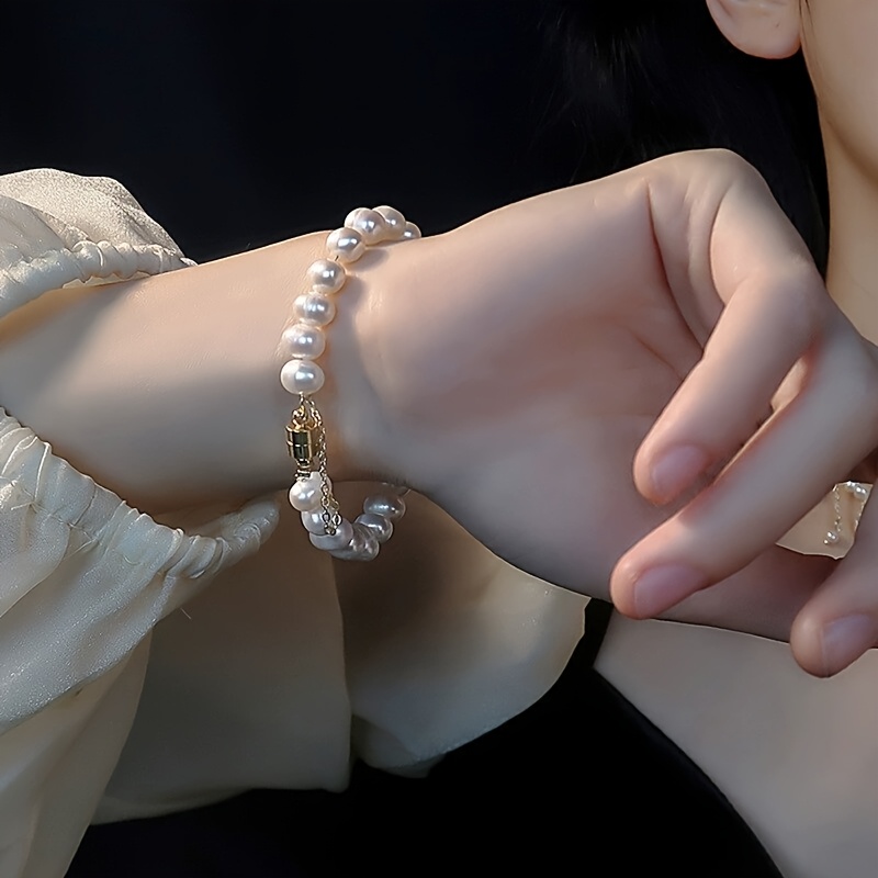 TEMU Elegant Women's Freshwater 925 Silvery Bracelet, With Golden And Green Embellishments, Light , Suitable For Casual Wear Or Gifts, Natural