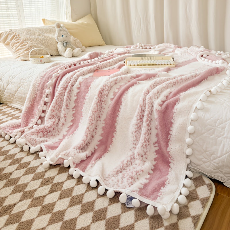 Image of 1pc Jacquard Pom-pom Throw Blanket, Multiple Color Options, Soft, Comfortable, And Breathable, Suitable For , Dopamine Color Palette, Machine Washable, Bedding Decoration, Holiday Gift