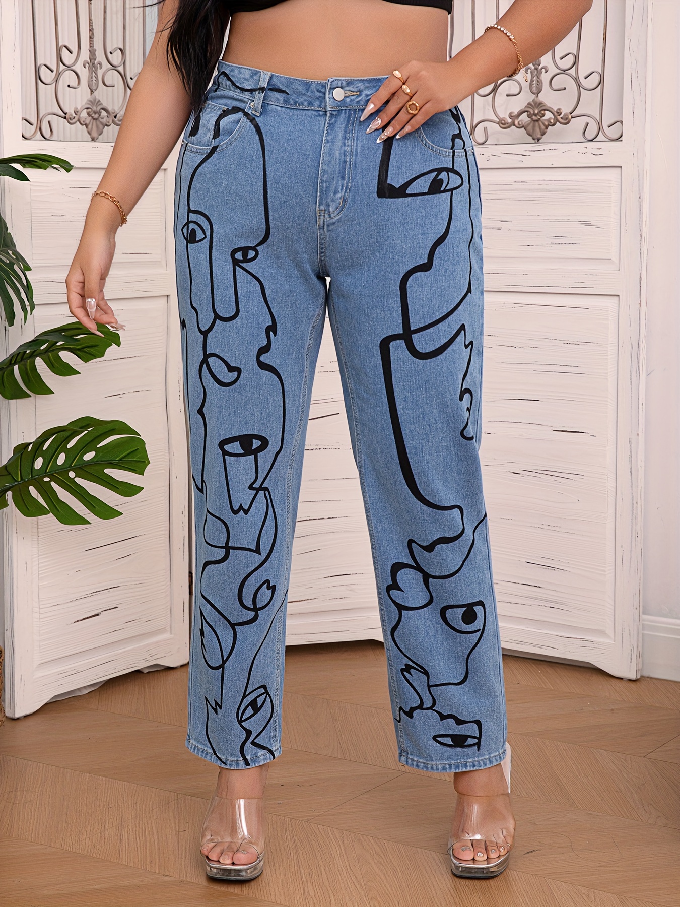 Cute Alien Graffiti Print High Rise Denim Pants, Cartoon Pattern Kawaii  Loose Casual Slash Pocket Jeans, Women's Denim Jeans & Clothing