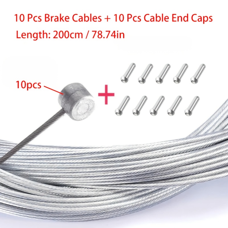 TEMU 10 Sets 2m Bicycle Brake Inner Wires With 10pcs Cable End Caps, Universal Mtb Mountain Bike Front Rear Brake Cable Replacement Parts