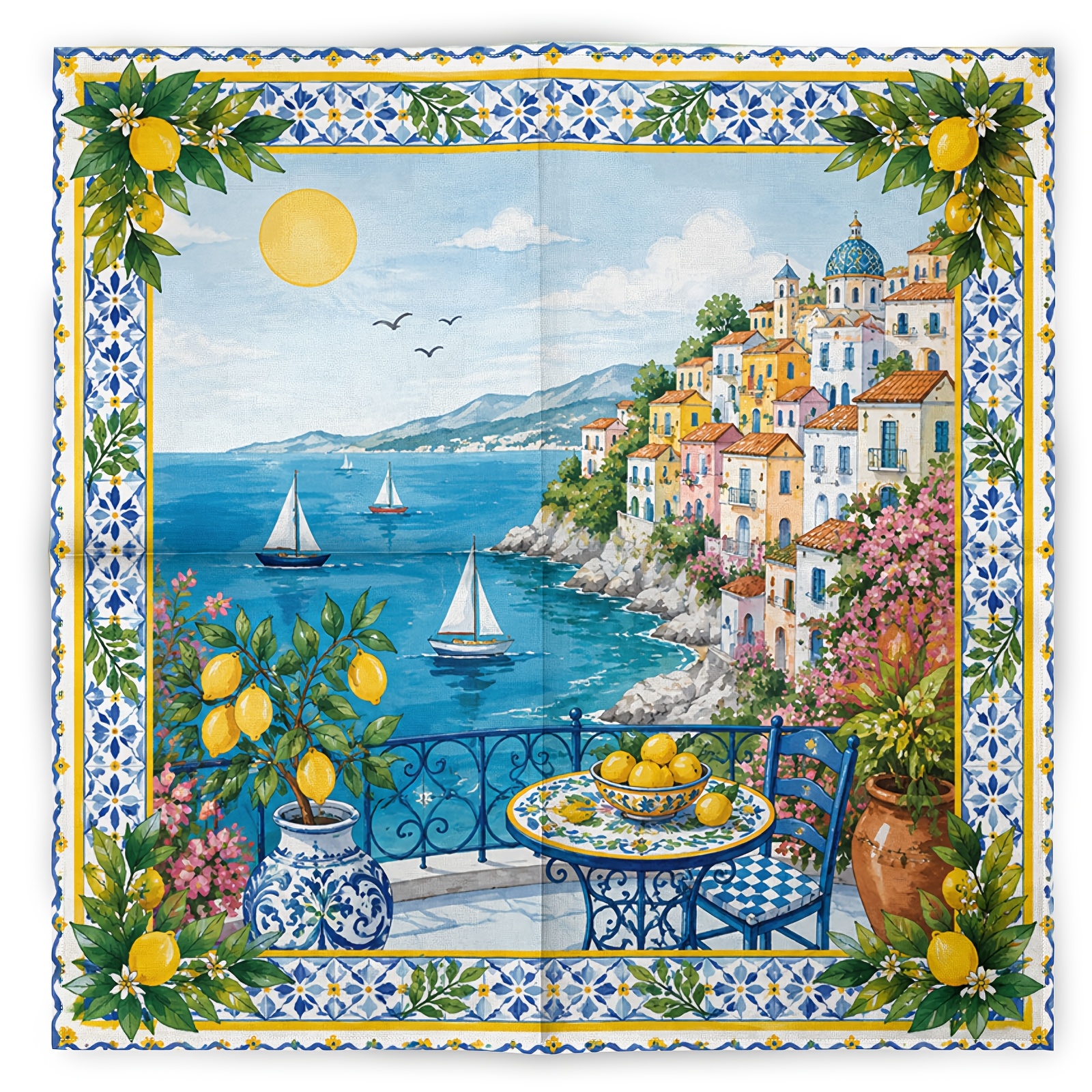 TEMU Mediterranean Style Retro Fashion Scarf Neck Warmer, Italian Coastal Print Hip-hop Trendy Headscarf, European Architectural Pattern Athletic