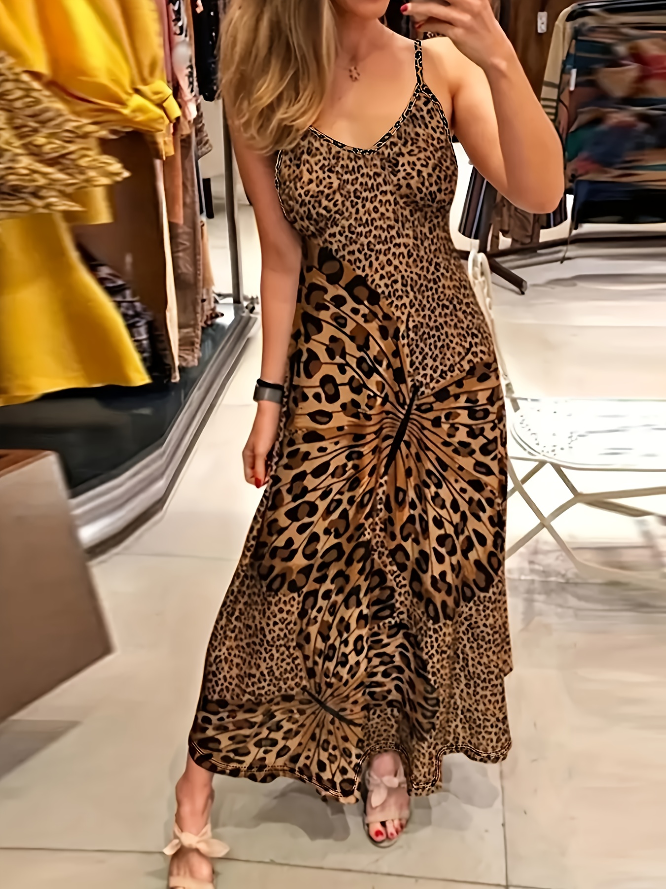 Vestido largo sin con estampado de leopardo elegante para mujer Cuello  hombros descubiertos para vacaciones de */vera