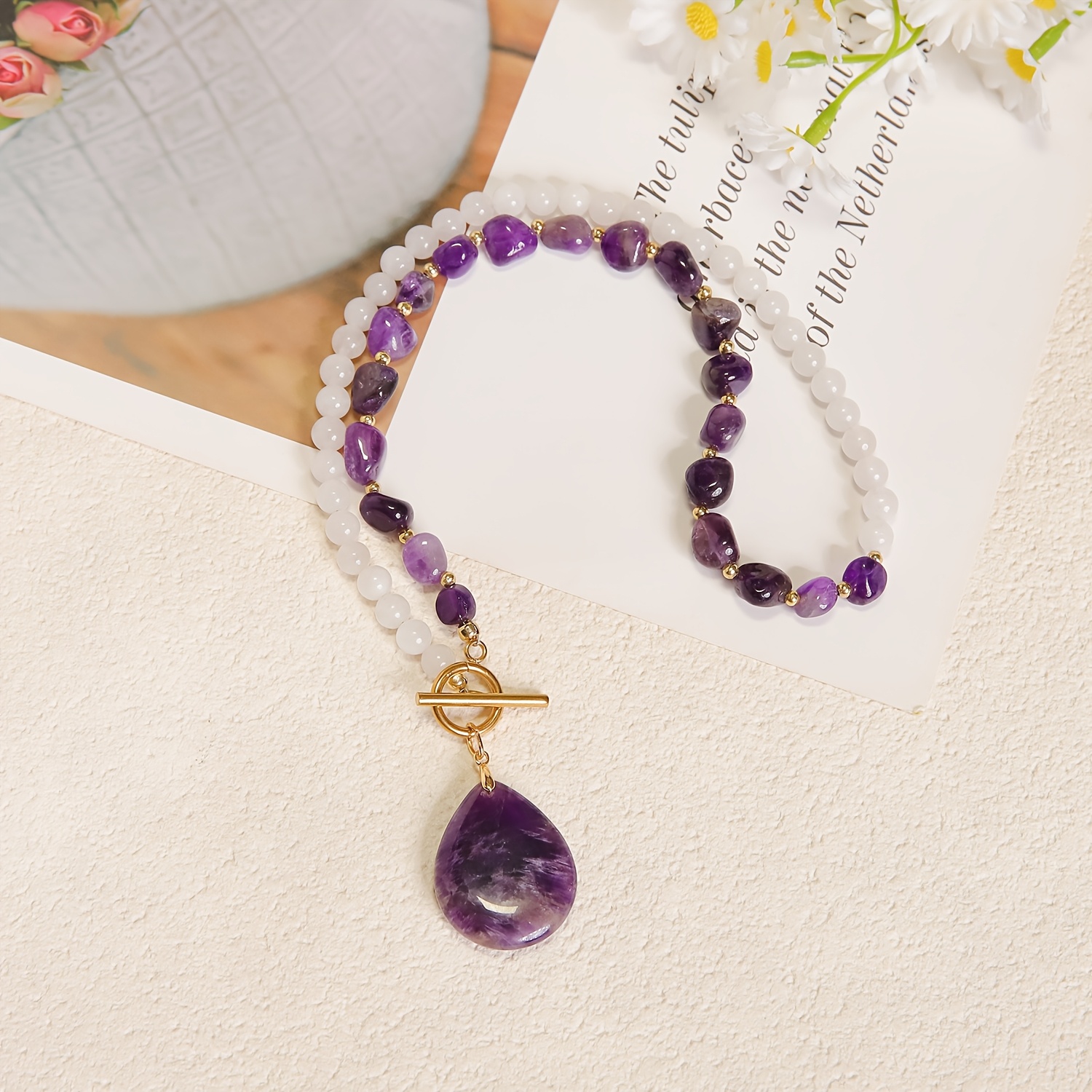 Women's Bohemian Two-Tone Natural Stone Necklace with Amethyst Pendant