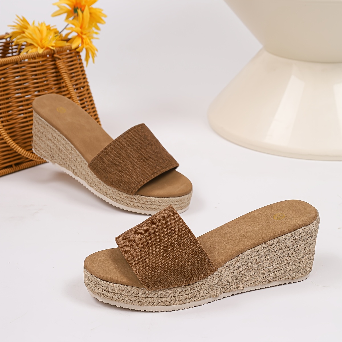 TEMU Sandalias de plataforma de para mujer, 2026, color marrón, tejido de paja, punta , gruesa, moda fácil y versátil, zapatos de mujer