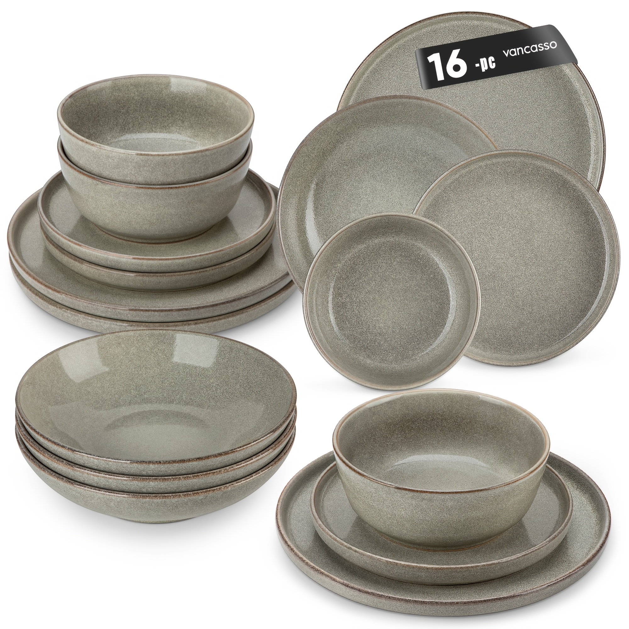 Image of Set Of 16 Stoneware Dinnerware, Featuring Double-sided Kiln Change Plates And Bowls, Including Dinner Plates, Dessert Plates, Pasta Bowls, And Cereal Bowls, Designed To Serve 4 Individuals