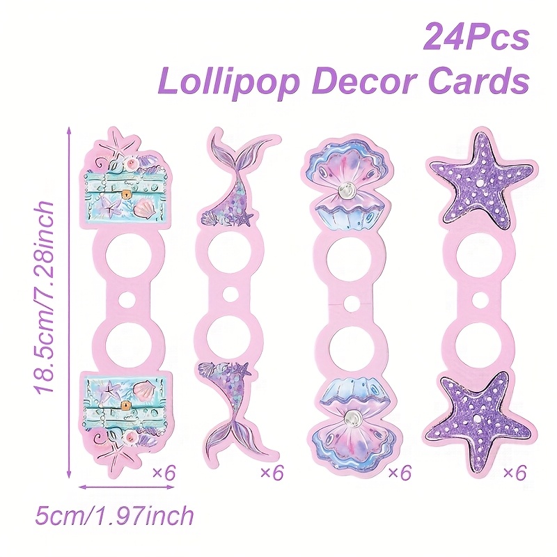 E-shop 24 Stück, Meerjungfrau-Thema Lollipop-Dekorationskarten, Meerjungfrauenschwanz-Muschel-Seestern-Design Papier-Lollipop-Halter,