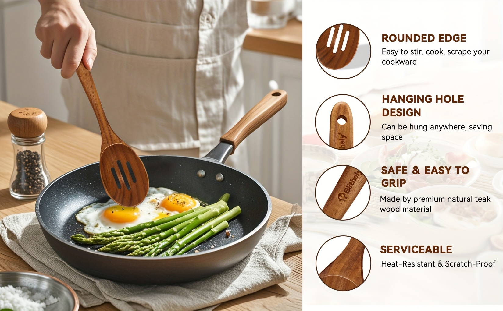 2pcs teak wood cooking utensils set corner spoon and slotted spoon nonstick smooth wooden cooking spoon set heat resistant wooden cooking utensils for cooking serving and mixing details 2