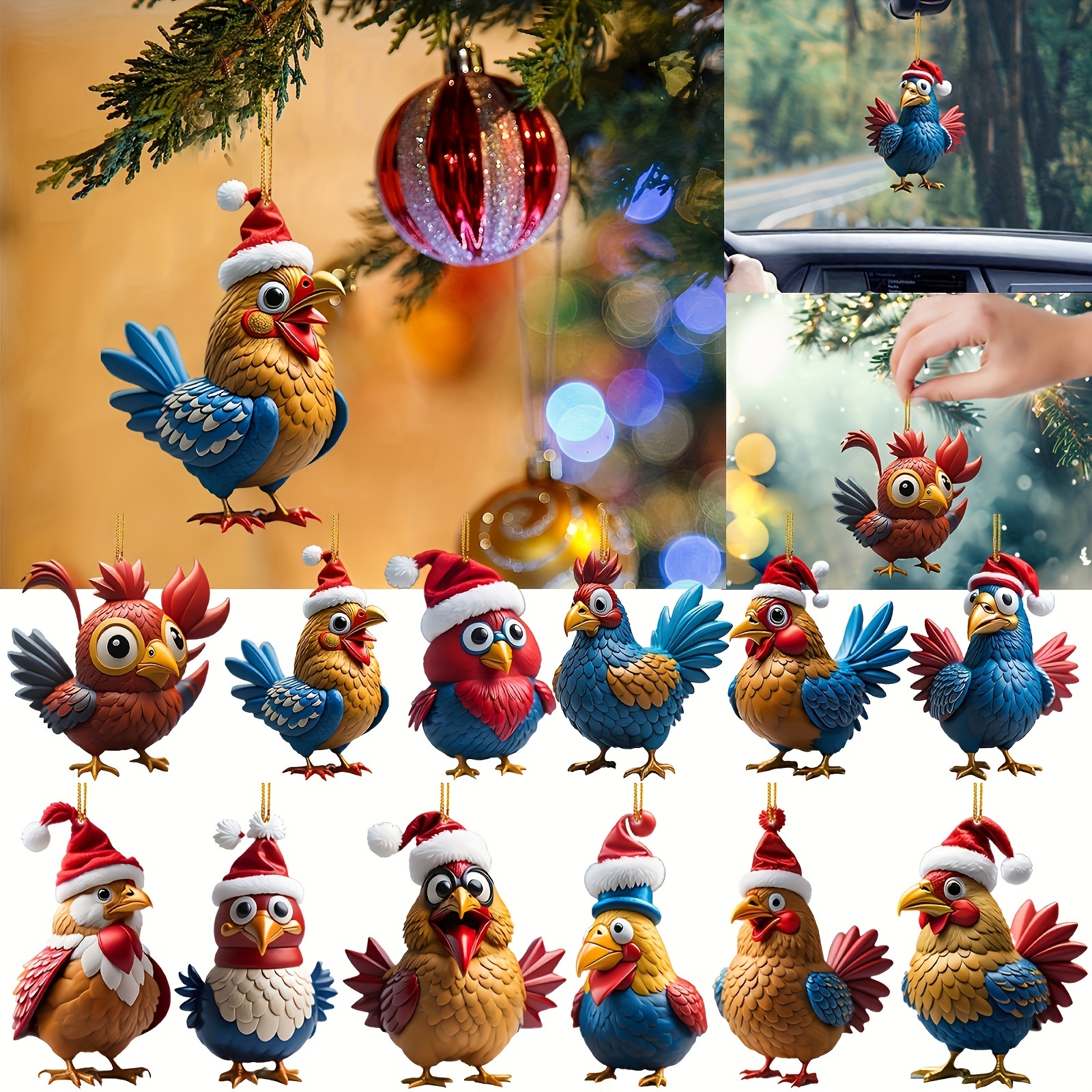 

12pcs Adorable Cartoon Chicken Christmas Ornaments - Acrylic Bird Pendant Tree Decorations, Festive Animal Hanging Charms For Home And Vehicle Holiday Decor