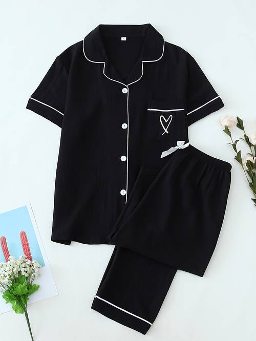 womens heart embroidery textured casual pajama set short sleeve buttons lapel top pants comfortable relaxed fit