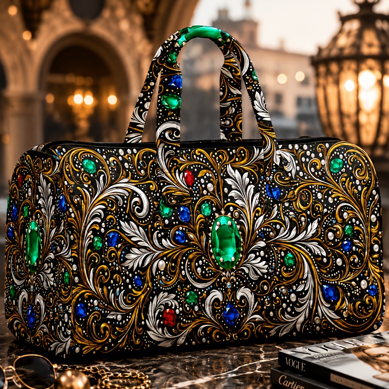 Women's Shoulder Bag, Ornate Baroque With Central Emerald-cut Green Gemstone And Golden Scrollwork, Multiple Specifications , Elegant Daily Bag For Shopping Commuting Travel