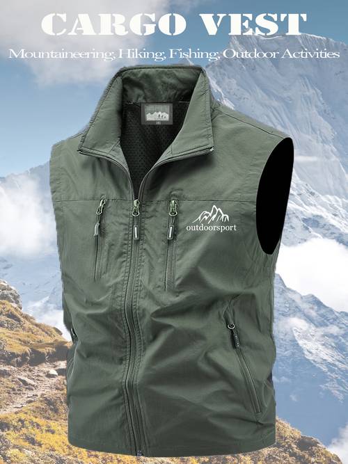 herren stehkragen cargo weste mit berg-schriftzug, lässige ärmellose reißverschluss-outdoor-weste, schnell trocknend atmungsaktiv mit mehreren reißverschlusstaschen für frühling, sommer, herbst, wandern, outdoor, laufen, camping, angeln