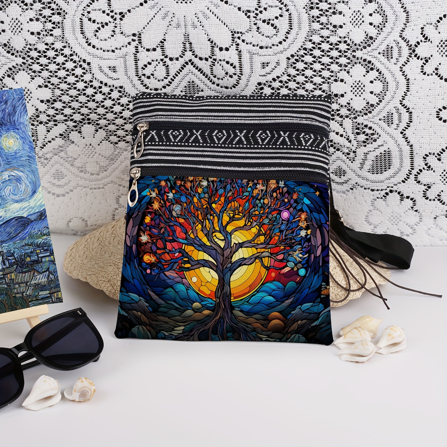 TEMU Borsa a tracolla da donna Fantasy Iridescent Glass Tree, borsa portaoggetti e bella, clutch portatile con cerniera Life Tree