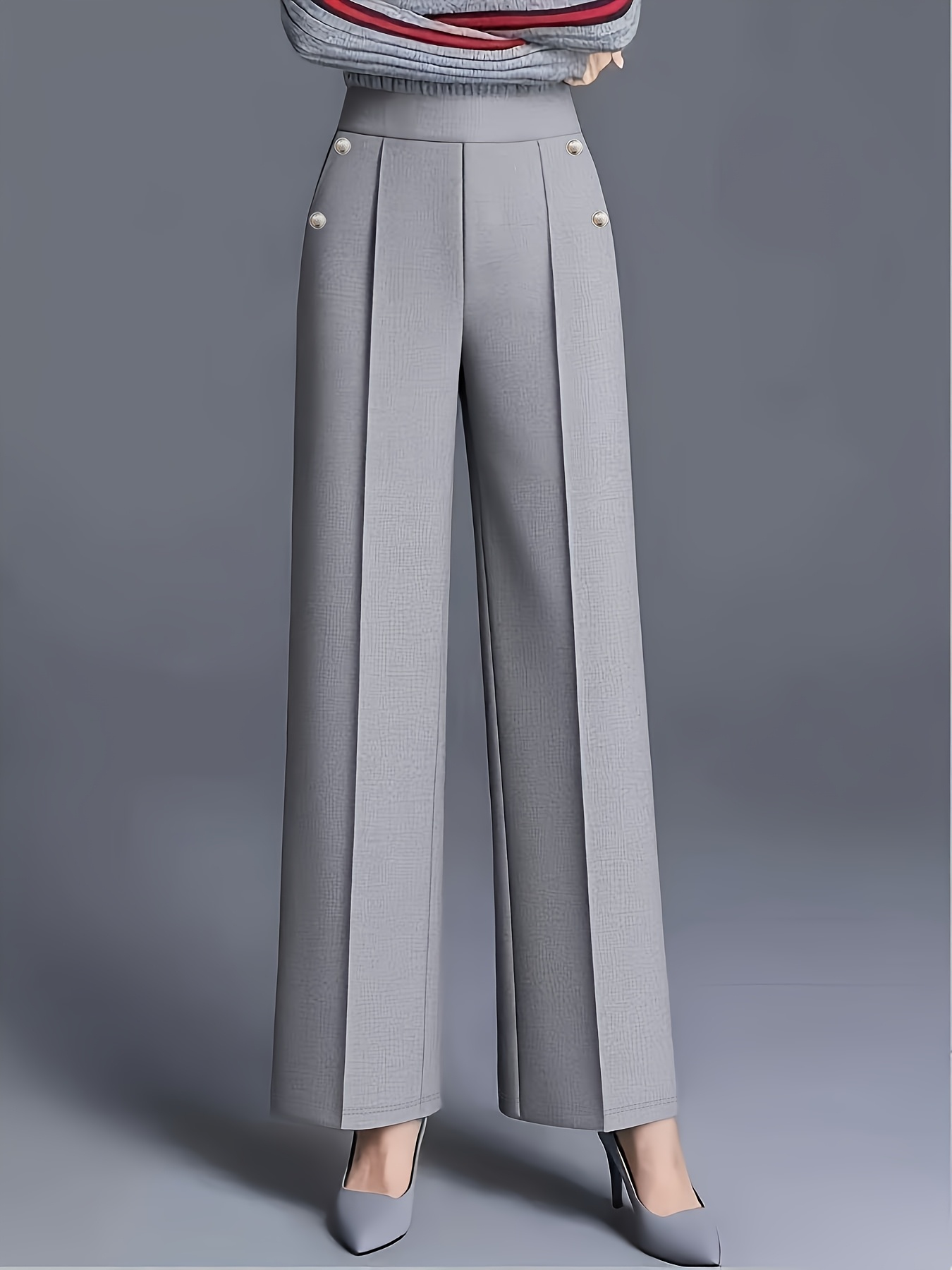 womens trousers elastic high waist pocket front pleated straight pants fashionable casual button decorated versatile trousers