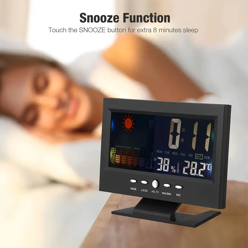 digital weather alarm clock voice control backlight temperature humidity calendar display glass material time weather forecast desk clock with color screen model 8028t 11 5cm x 15 5cm details 8
