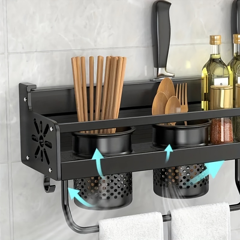 

1pc Wall-mounted Kitchen Organizer, Black Metal No-drilling Required, Multi-function Rack, Utensil And Spice Holder With Hanging Hooks