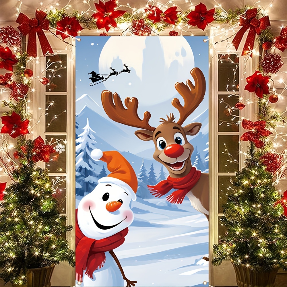 

Merry Christmas Door Banner - 35x70" Polyester, Cartoon Snowman & Reindeer Design, Perfect For Winter Farmhouse Decor And Front Door Display