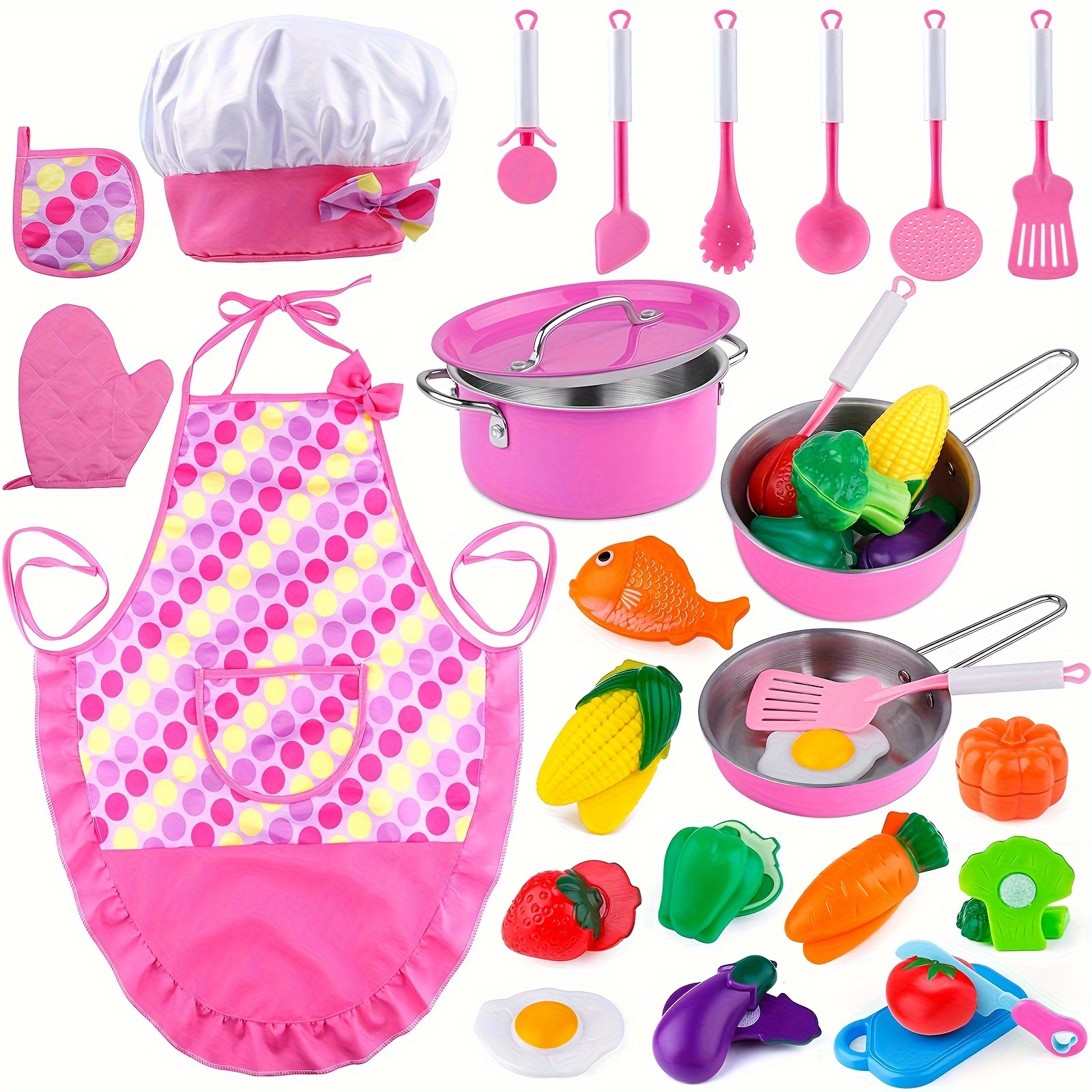 

Play Food For Kids Kitchen Cooking Playing Set, 26 Pcs Kids Kitchen With Chef Hat Apron Dress Up, Toddler Costume Set For 3 4 5 6 Year Old Girls Boys