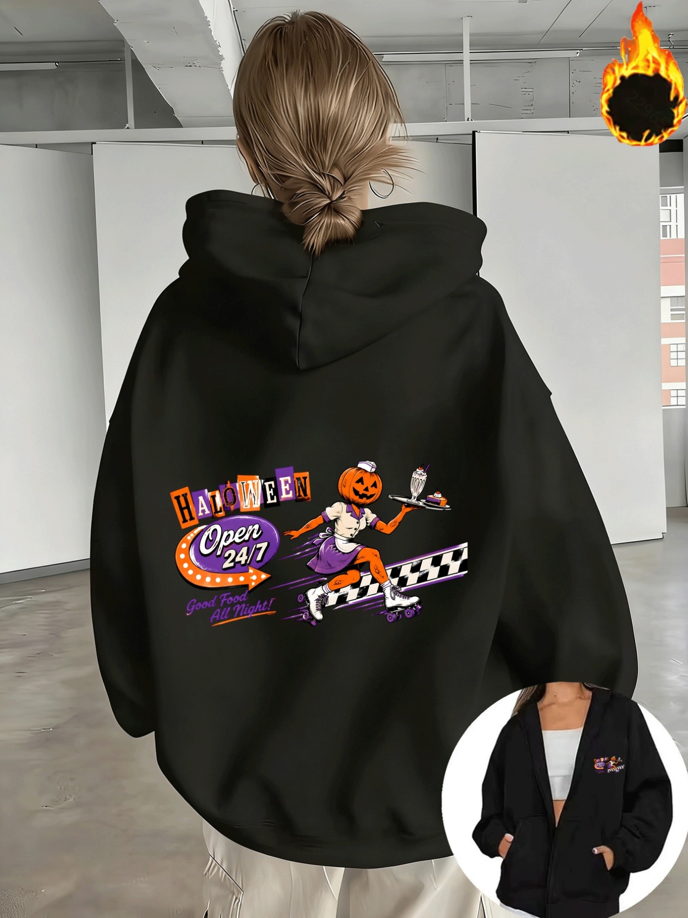 1-  dames halloween-thema sweatshirt met capuchon, rits en voering, met     van pompoenhoofd op rolschaatsen bezorgdienst - herfst/winter buitenjas, casual, veelzijdig en comfortabel