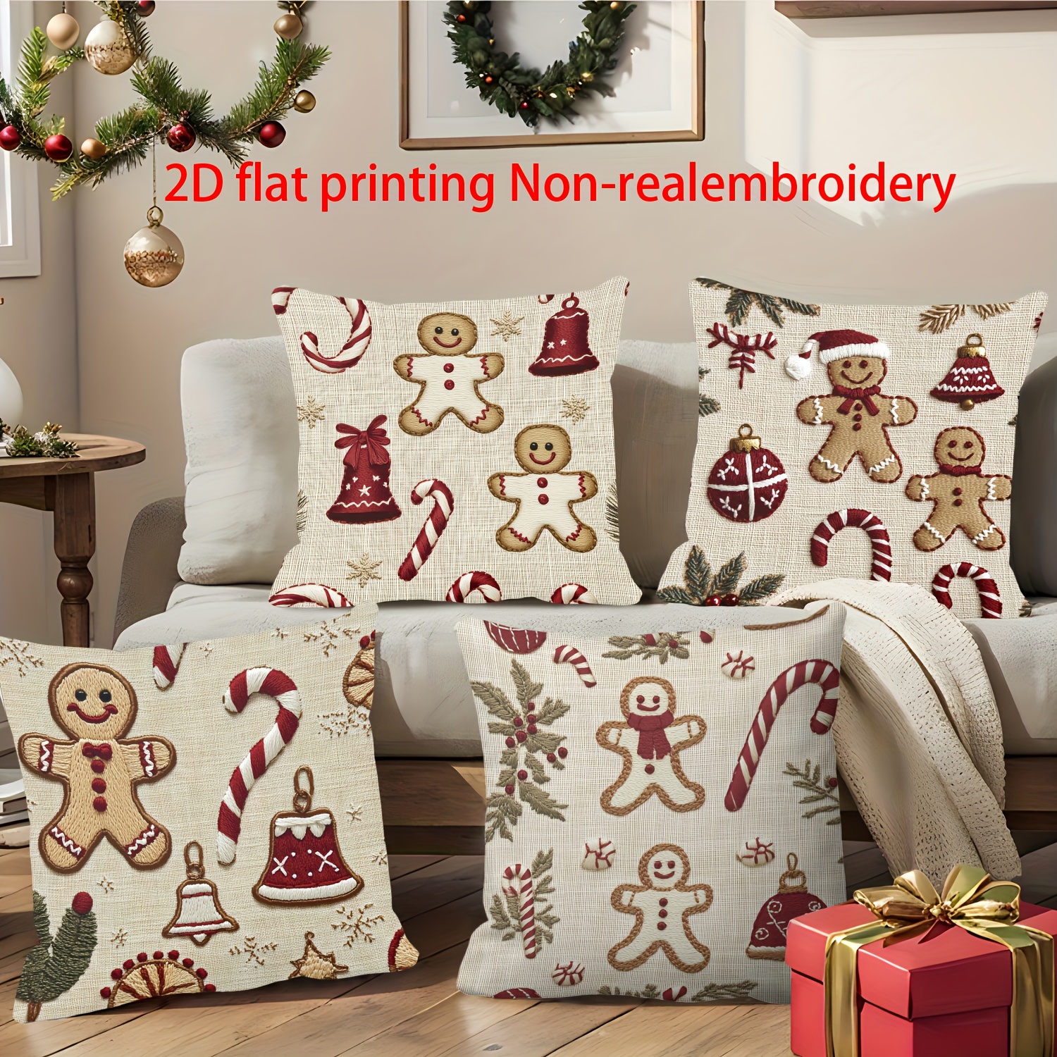 TEMU 4pcs Set, Popular Christmas Pillowcases - 2d Gingerbread For Man, Bell, Candy Cane Print, Non-embroidered, 18x18 Inches, Polyester Material With