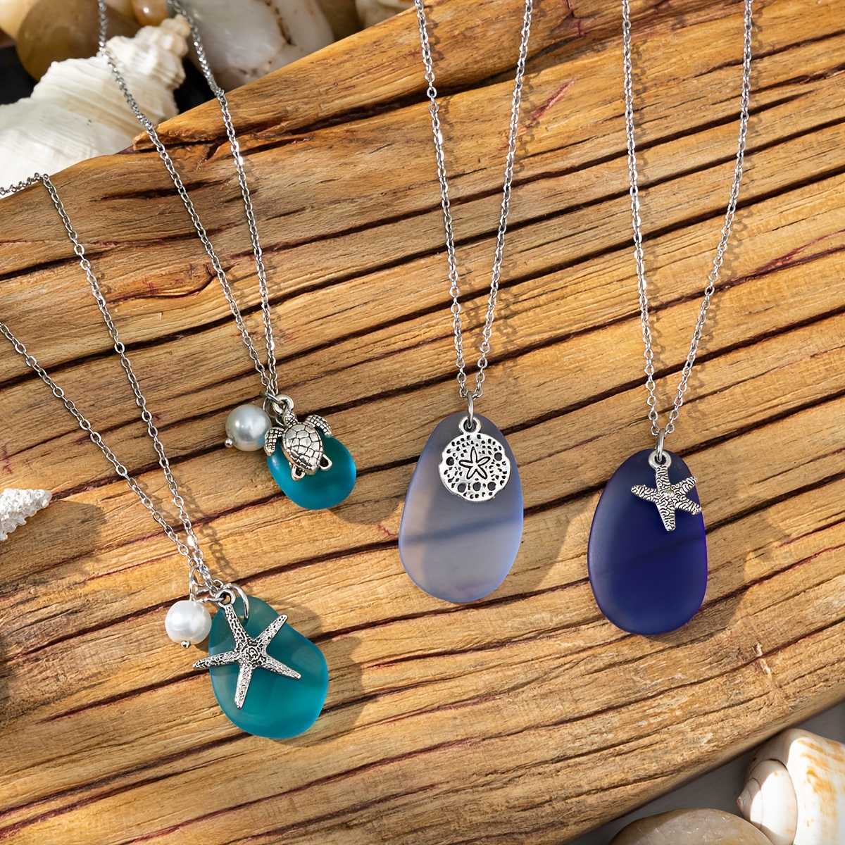 

Boho-chic Sea Glass Pendant Necklace With Starfish & Turtle Charms - Perfect For Beach Vacations, All-season Wear