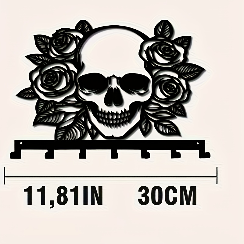 E-shop 7-Haken Viktorianischer Gothic Wandmontierter Schlüsselhalter mit Totenkopf & Rosen-Dekor – Schwerlast-Gusseisen Schlüsselorganizer, Rostfreie