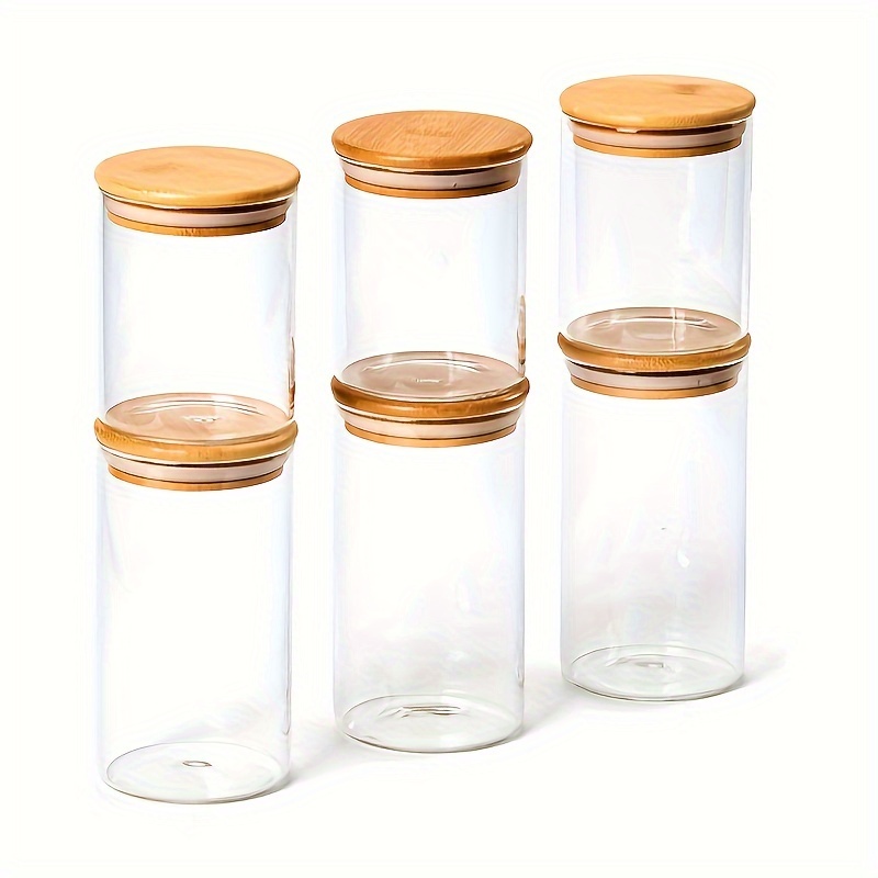 TEMU Set Of 6 Glass Jars With Airtight Natural Bamboo Lids, 450ml + 700ml Clear Borosilicate Decorative Food Canister Storage Container Set For Home Kitchen Pantry Supplies