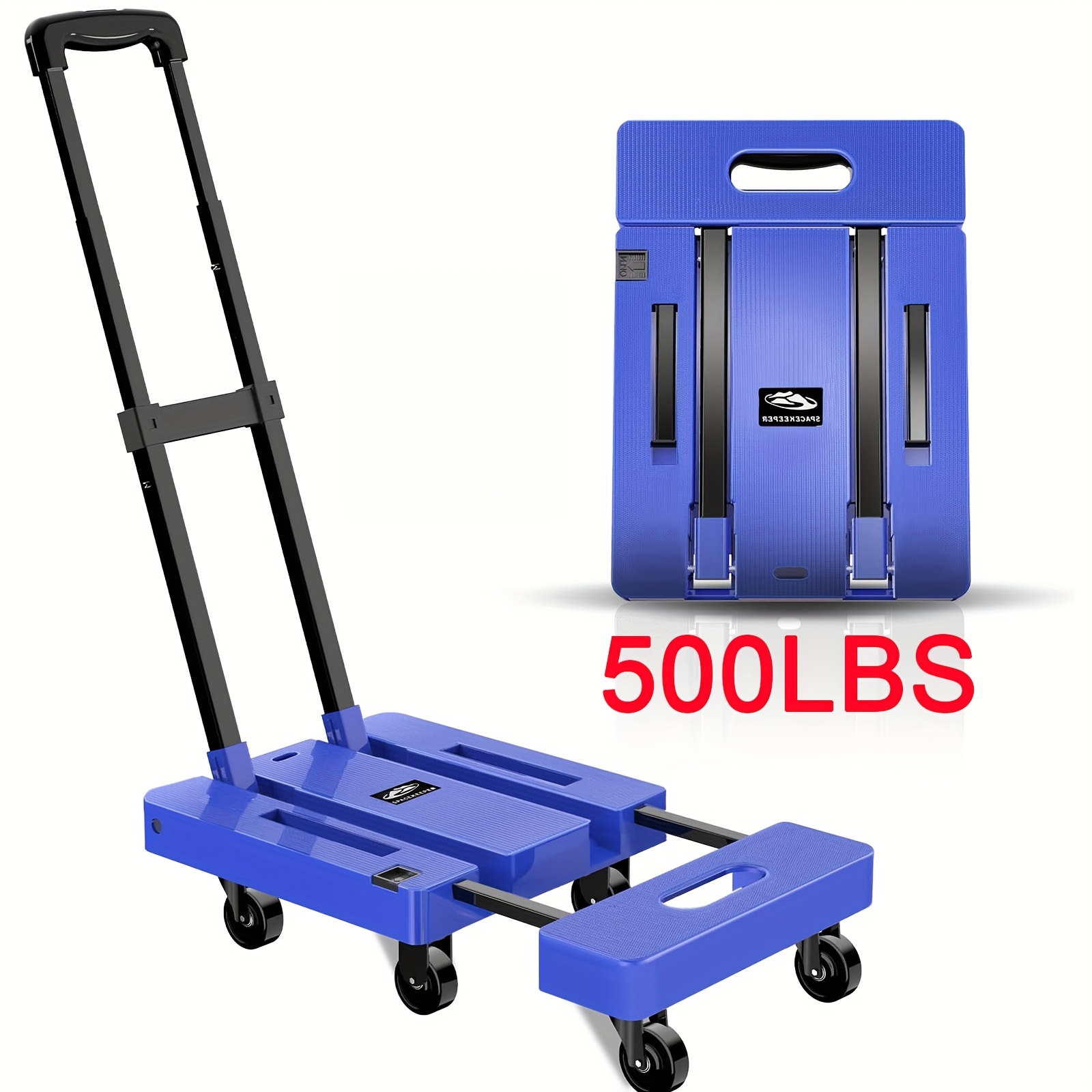 TEMU Spacekeeper Folding Hand Truck, 500 Lbs Heavy Duty Foldable Luggage Cart, 6 Wheels Utility Dolly Platform Cart With 2 Elastic Ropes, Portable