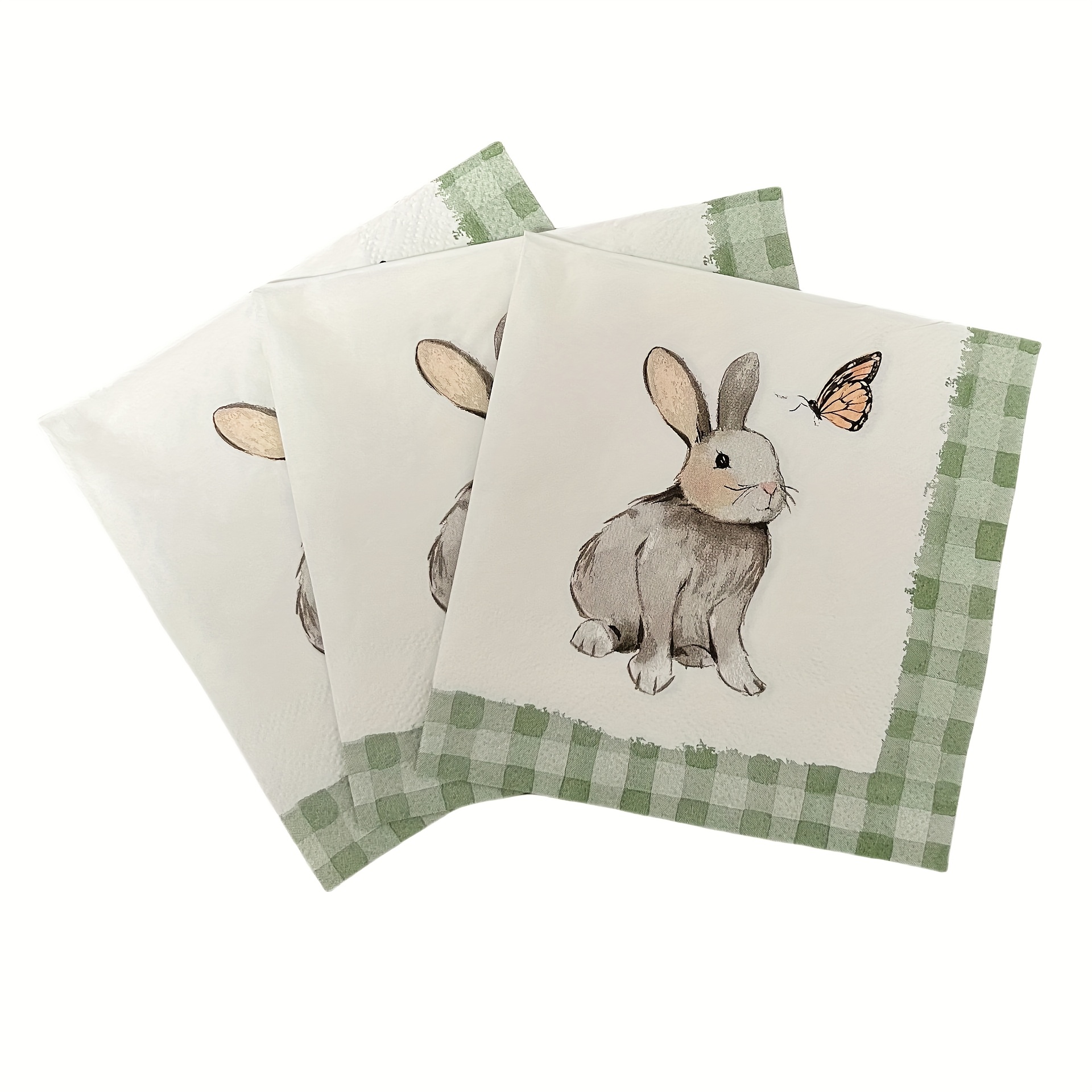 

20pcs Serviettes Jetables à Imprimé Lapin de Pâques & Papillon avec Bordure à Carreaux Verts - pour les Célébrations de Printemps & Décor de Fête, Matériau en