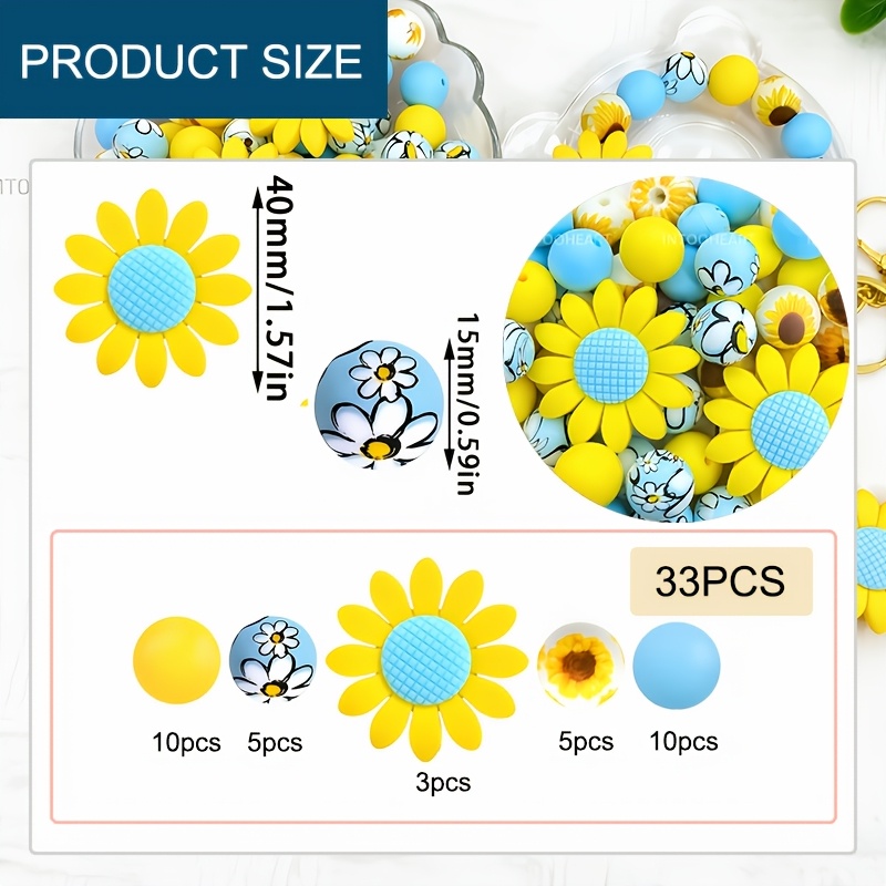 TEMU 33pcs Chrysanthemum Flower Element Silicone Bead Set, Spring, Summer, And Autumn Themed Diy Craft Beads For Beaded Pens, Bracelets, Necklaces,