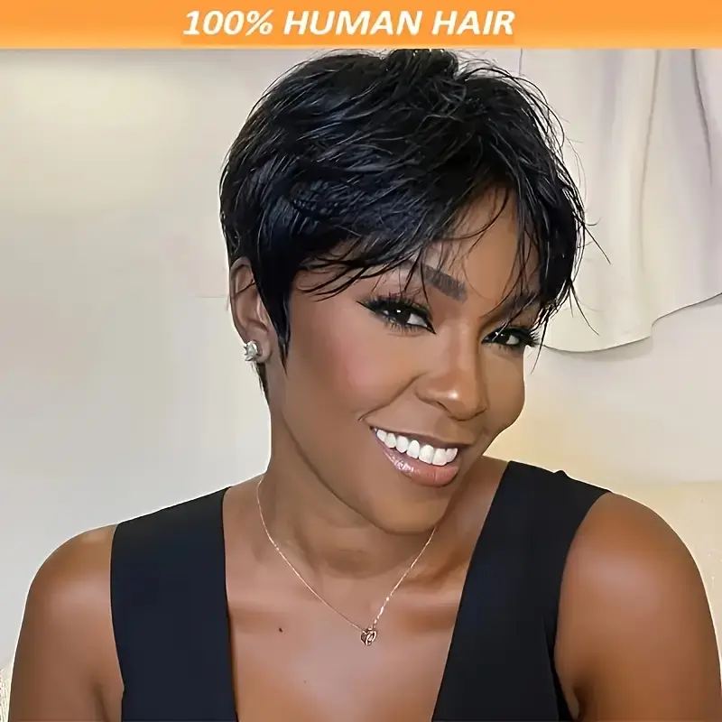 100 human hair cut wig for short with bangs cap 180 density straight wig for daily wear unisex all hair wig everyday hairpiece elegant hairpiece Product details 0