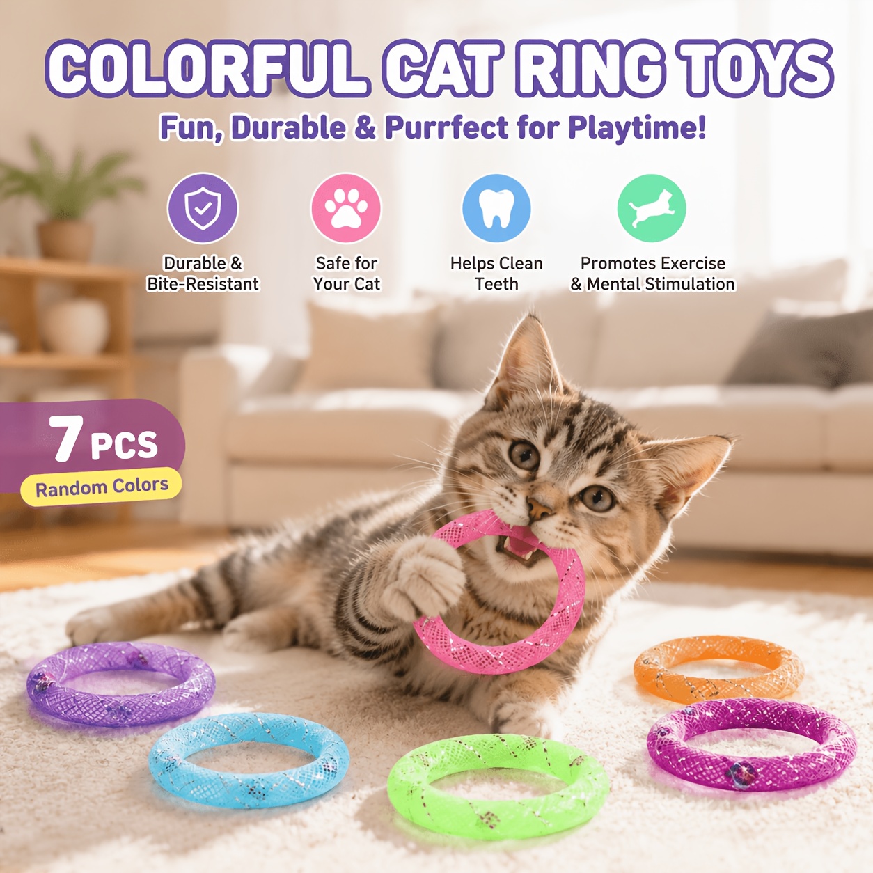 TEMU 7pcs Cat Toys Mesh Tube Donut With Bells, Squeaky Sounding Interactive Kitten Toys, Colorful Flexible Durable Chew-resistant Ring, Boredom &