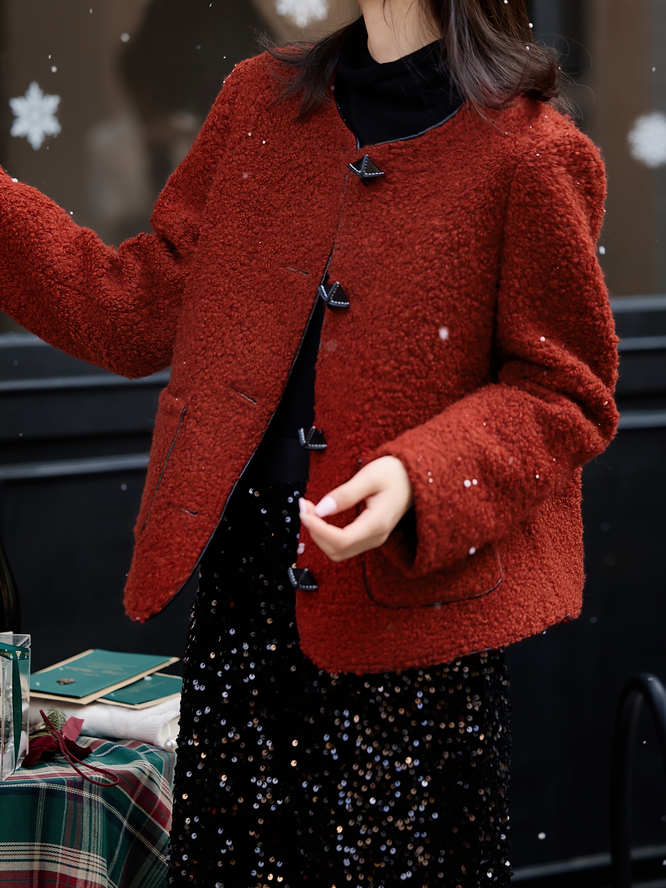 Damen Mantel Kurzer Roter Mantel Rot Patchwork Gesteppt Kurze