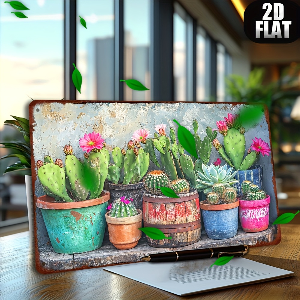 TEMU 2D Piatto, 1 pezzo, Targhe e Insegne Decorative in Metallo con Cactus in Vaso, Decorazione per Casa, Camera, Parete, , Caff癡, Garage, Stile ,