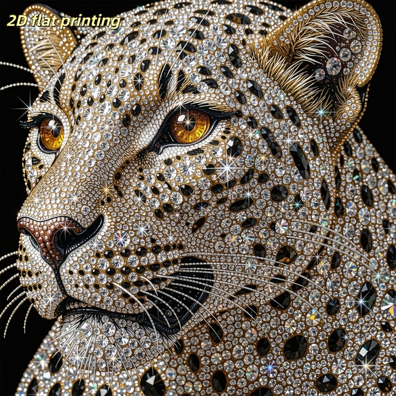 TEMU 1pc Of 2d Flat Printed Artwork Featuring A Gemstone Leopard Pattern In Unframed Diamond Painting Style, Complete With Round Diamonds. This 5d