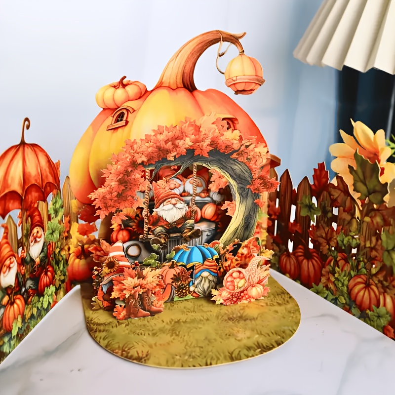 TEMU 1pc Handmade Thanksgiving Pop-up Greeting Card With Pumpkin, Turkey, Gnome Design - Includes Note And Envelope For Anyone, Party Invitation Card