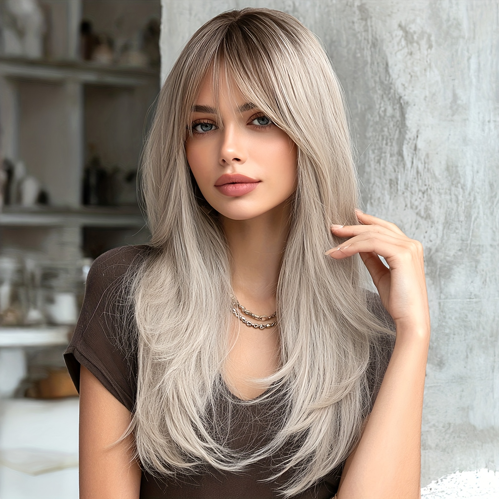 A Medium-length Wig With Gray Gradient Bangs, Made From High-temperature Synthetic Fibers, Perfect For Daily Wear Or Special Occasions, An Elegant Look For Women