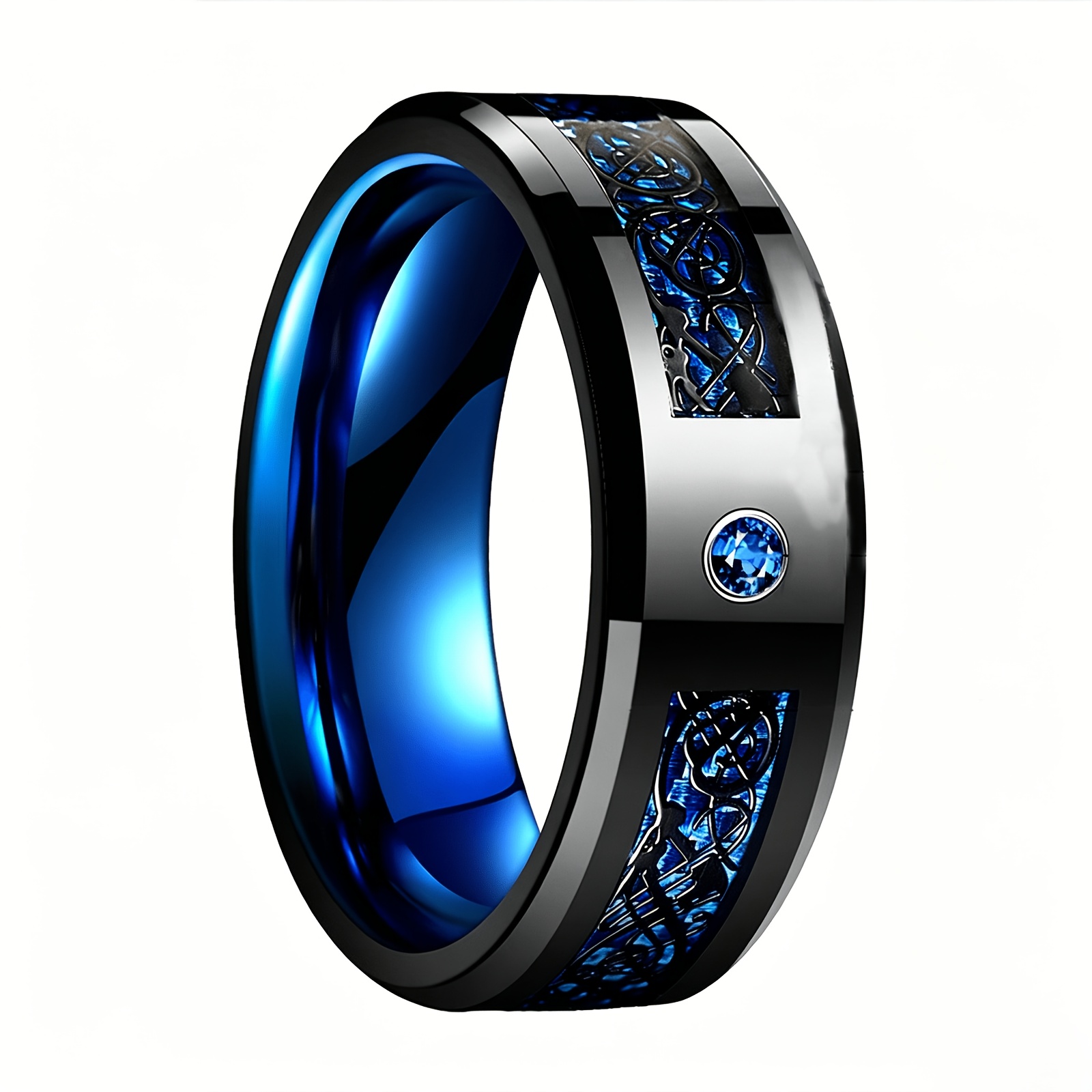 TEMU Single 304 Stainless Pattern Ring, Inlaid With Fiber And Single Synthetic Cubic Zirconiaia, Unique Light , Fade Resistant, Versatile Men's Band,
