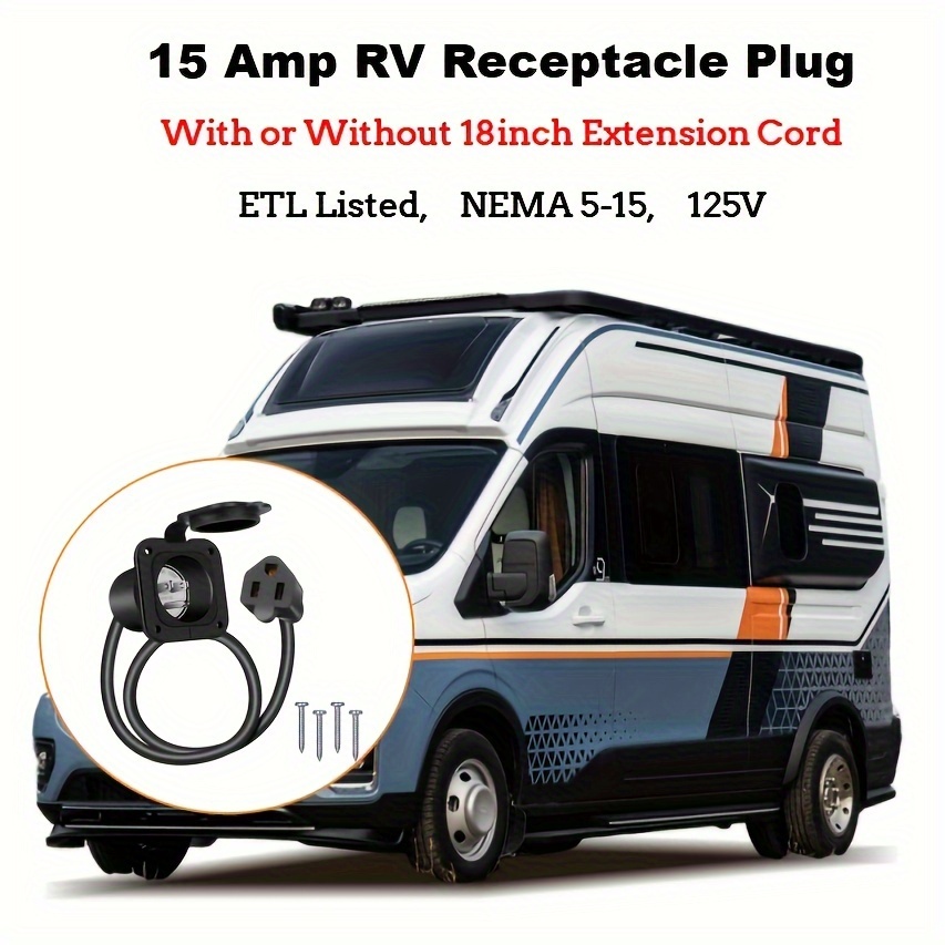 

1pc, Rv 15amp 125v Ac Power Entry Plug Socket, 5-15, With Cover, Etl Approved, For Rv Camping Home Built- Box Charging Plug, Includes 4 Screws, Black